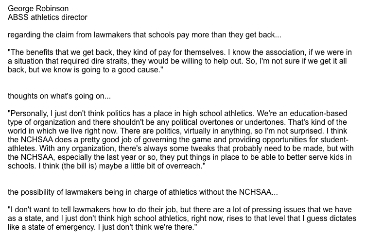 Talked over the phone with Alamance-Burlington School System athletics director George Robinson about state lawmakers moving to get rid of the NCHSAA. Here's some of what he said.
The following link has more info on what's going on: thetimesnews.com/story/sports/2…