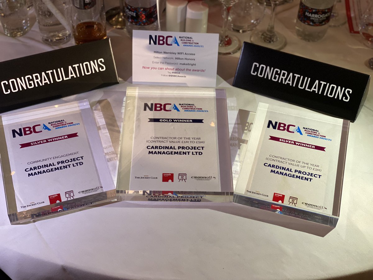 A silver in the #digtal award,
A silver in the #communityengagement award,
A silver in the #contractoroftheyear up to £1m…….
And a GOLD in the #contractoroftheyear award £1M - £5M!            Thanks to everyone at Cardinal that have made the winning of these awards possible.