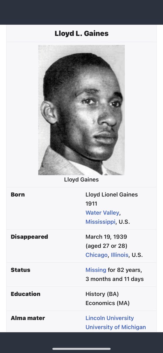 LqLana's tweet photo. Lloyd Gaines filed a lawsuit in 1939 after being denied admission to Univ. of Missouri Law. The Court ruled in his favor & required Missouri admit him or set up a separate law school for Blacks. He disappeared months later never to be found. #Fresh #ONE2DAY #BlackHistoryWithLana https://t.co/hoUY1wSNyM
