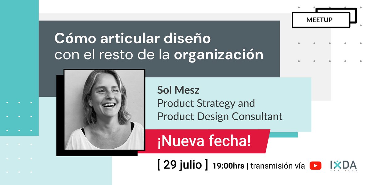 ixdasantiago's tweet photo. 🚨Cambio de fecha🚨
Por motivos de fuerza mayor, el meetup "Cómo articular diseño con el resto de la organización”, de Sol Mesz, fue reprogramado para el jueves 29 de julio a las 19:00 hrs.
Si aún no te has inscrito, estás a tiempo🤓
#ixdascl #ixdameetup
https://t.co/iQC6KtFi95 https://t.co/8mm0HpWTNU