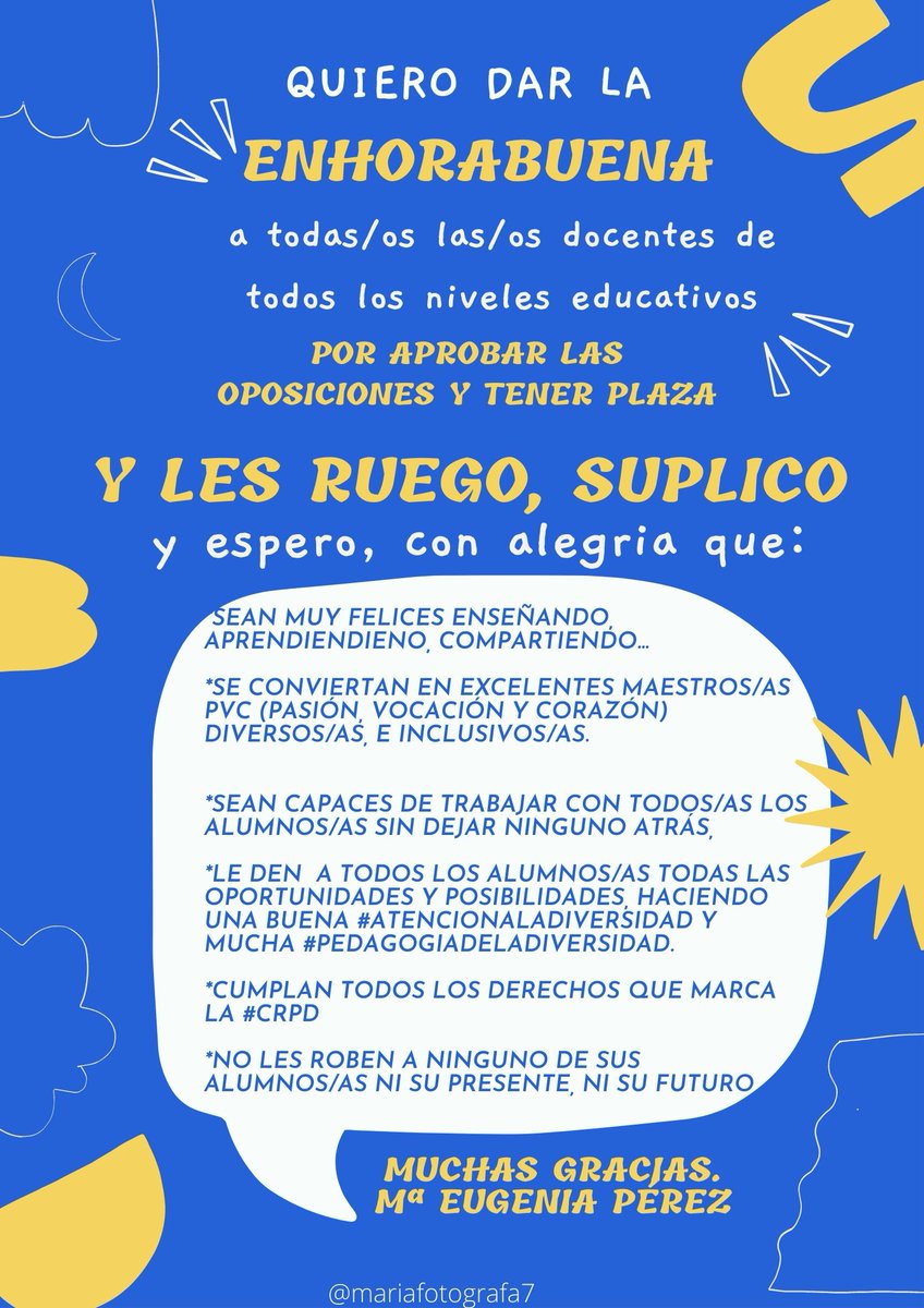 Terminan las #Oposiciones  A los compañeros/as q las han aprobado y a los q no, quiero felicitarlos/as y darles la enhorabuena por el esfuerzo y el trabajo. A las/os que han aprobado quiero pedirles y suplicarles que... #atencionalaDiversidad #CRPD #PedagogiadelaDiversidad