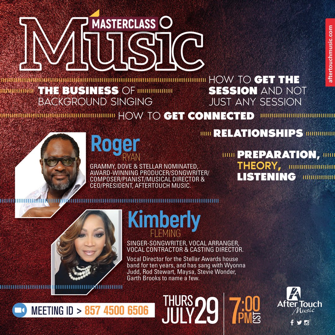 JUST A REMINDER!! You don’t want to miss this!!! <a href="/puddincookies/">Brandon Holland</a> and <a href="/producerroger/">Roger Ryan</a> are teaming up for a #MusicMasterclass on The Business of Background Singing. Join us next Thursday, July 29th at 7PM CST. Meeting ID is located on E-Card - Hope to see you there! #musicmasterclass