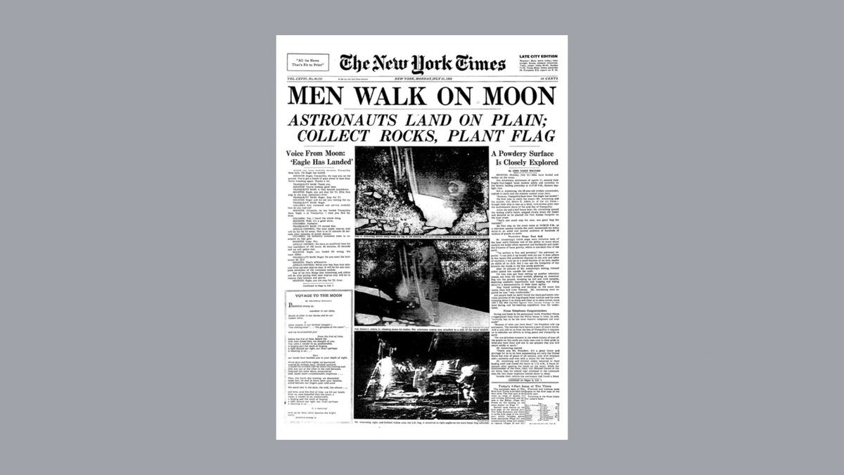 NYTimesRD's tweet photo. Big moments in history warrant iconic front pages, like this one from the moon landing 52 years ago today. 

But the intricacy and variety of print layouts over time make digitizing the newspaper a complex problem.

R&amp;D Intern @LasseNordahl explains: https://t.co/1FLY8GCXUx https://t.co/qYmBuf3SZQ