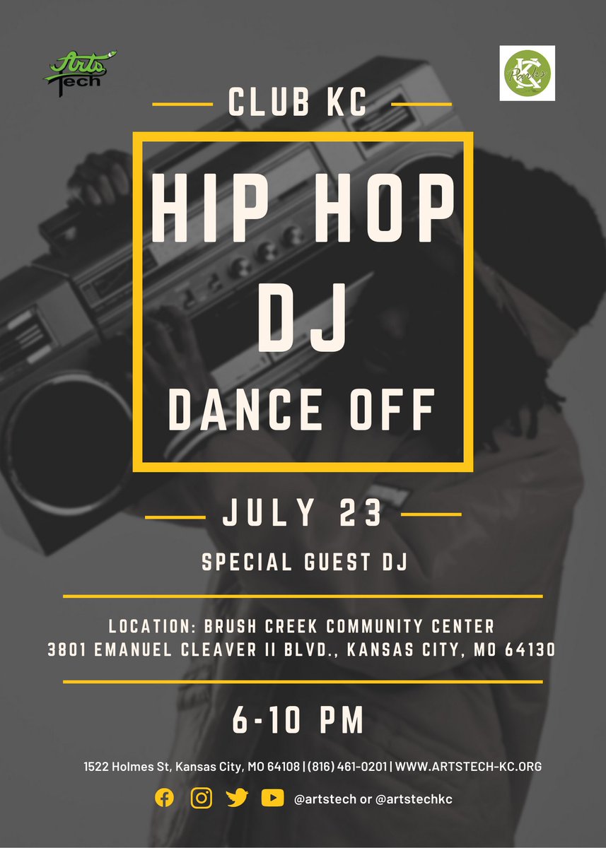 ArtsTechKC's tweet photo. Youth, this Friday( 7/23) #CLUBKC @KCMOParks #BrushCreekCommiunityCenter, 6-10PM. Come out and join us. https://t.co/h1fSW32527