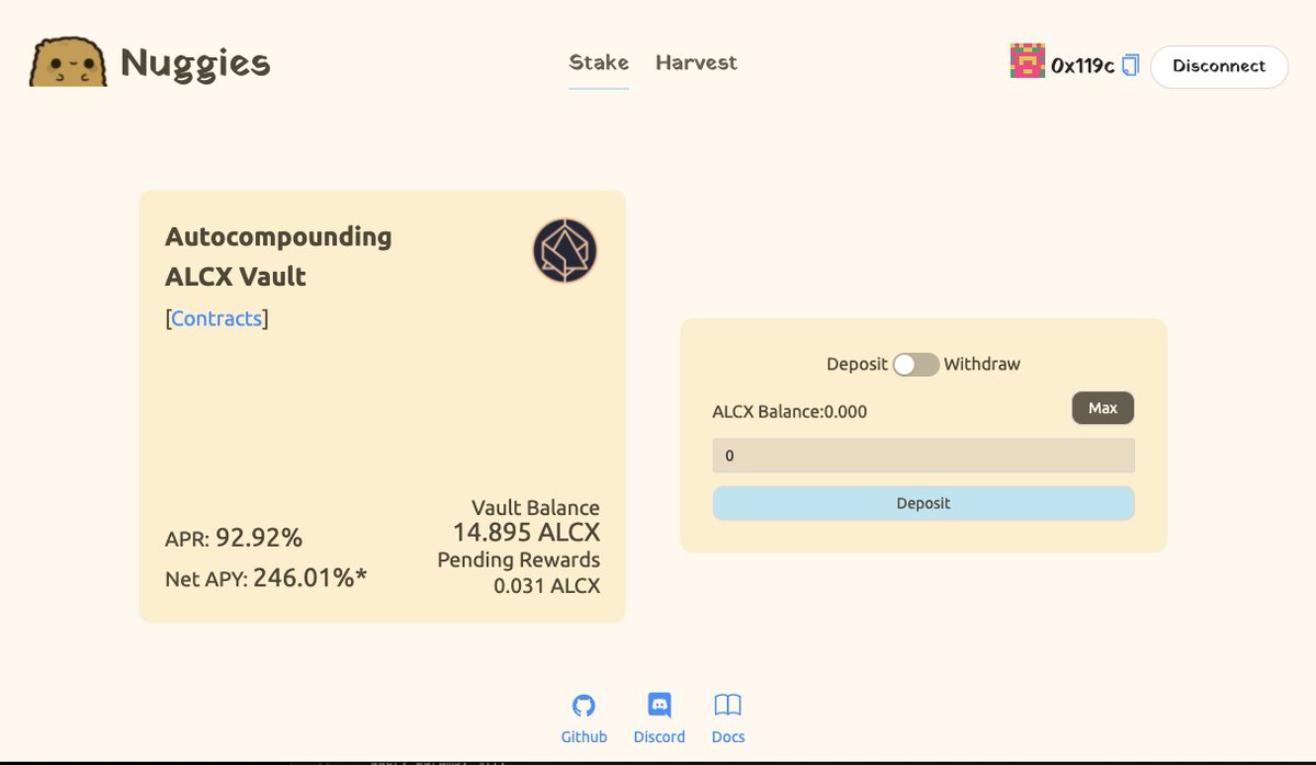 NuggiesFinance's tweet photo. Autocompounding ALCX vault

2% performance and 1% gas fees compared to 20+% fees at pickle/mushroom finance

@AlchemixFi https://t.co/toMgTAiDkV
