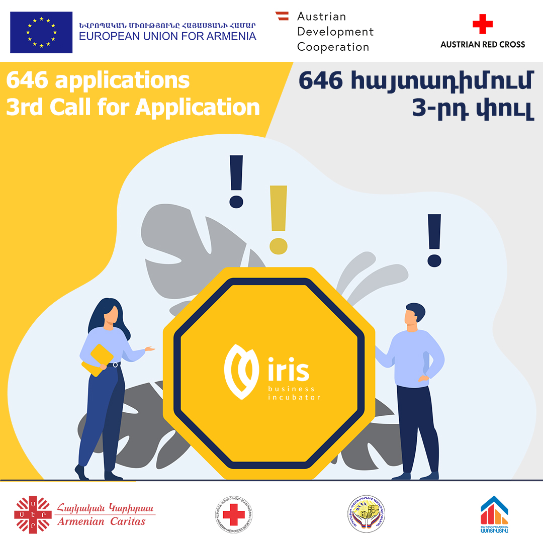 irisbi_iris's tweet photo. ✨✅ @EU_Armenia & @ADCinCaucasus supported #IRIS_BI has closed 3rd Call for #Applications. In total 646 applications were received out of which 340 are #SPARK, 216 are #BUILD, and 90 are #START applicants. https://t.co/k1RnXfpcp4