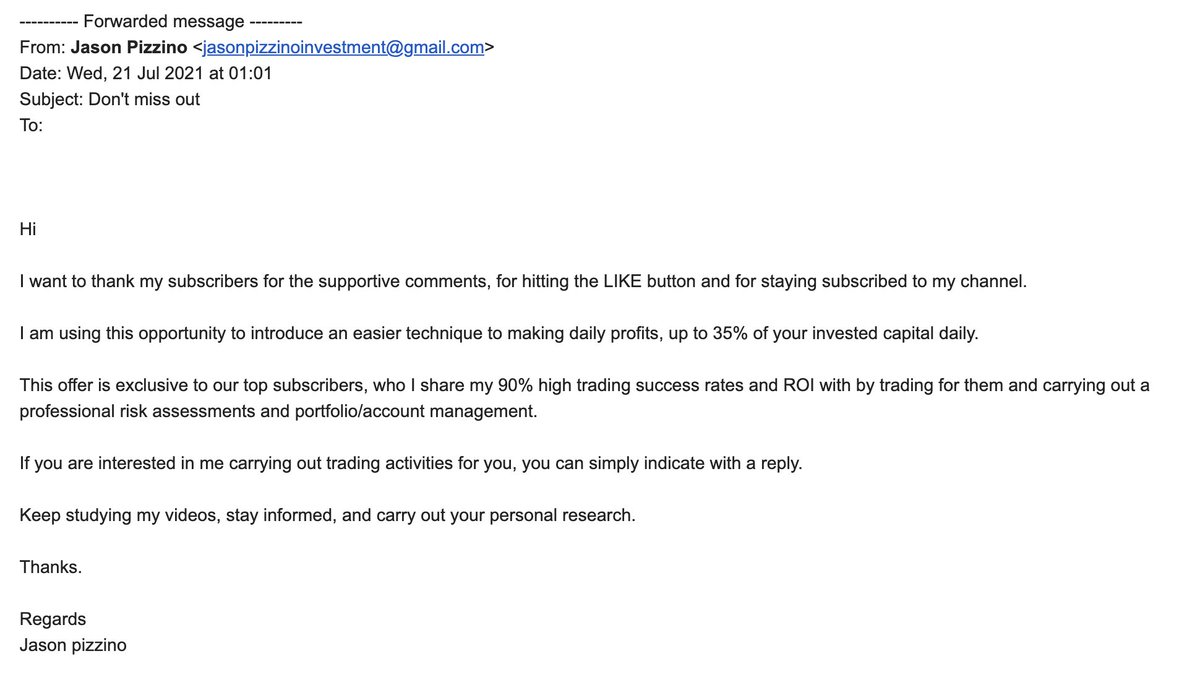 Warning!! The scammers are now also hitting emails. Please do not reply to  these emails. Also note I only have 1 Twitter account, 1 Instagram account  and 1 YouTube account. I will