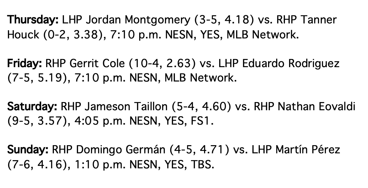 PeteAbe's tweet image. Pitching matchups for the #Yankees - #RedSox series that starts Thursday at Fenway Park:
