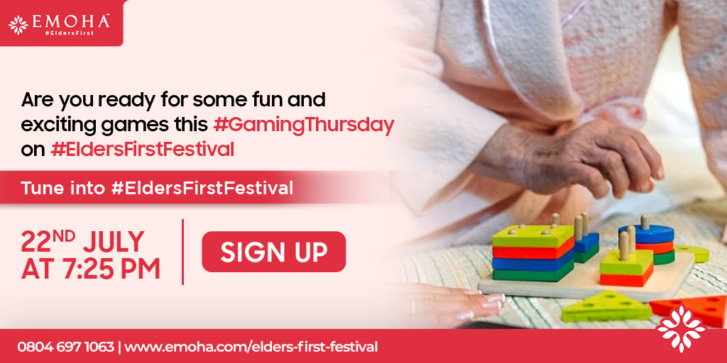 EmohaElderfirst's tweet photo. Gear up for some fun and frolic evening at #EldersFirstFestival.
Grab your slot for an exciting gaming Thursday at #ElderHour today at 7:25 PM. Few slots left!
Sign up via https://t.co/6LdCLG1h76 or call us at 08046971063.
.
.
.
#EldersFirst #ElderCare #ElderCareLiving https://t.co/kLmOlWsbjR