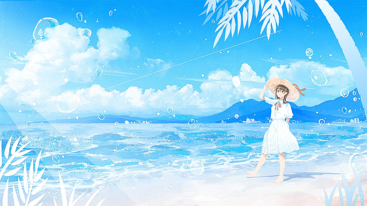 1girl solo outdoors hat cloud sky barefoot  illustration images