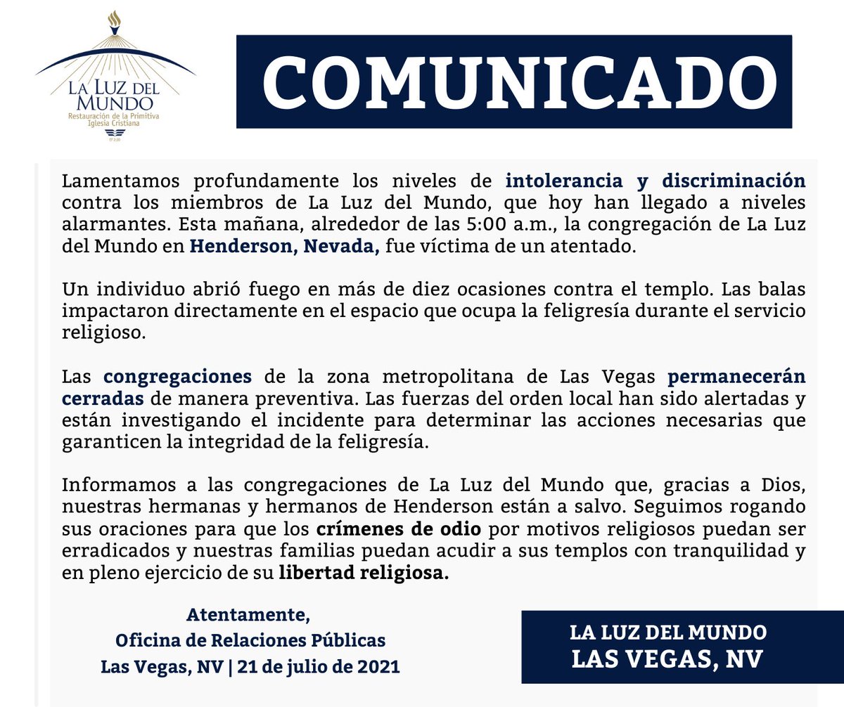 iglesialldm's tweet photo. Nuestra solidaridad con la congregación de Henderson, NV, cuyo templo fue agredido esta madrugada.
Deseamos bendiciones a todos y que las acciones de las autoridades locales les permitan a sus familias retornar con tranquilidad a su casa de oración.
#RespetoParaTodos
#AltoAlOdio https://t.co/dO8EGzPLIk