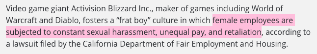 Overbuff's tweet photo. CW: Harassment, alcohol, &amp; suicide

"Activision Blizzard Sued By California Over ‘Frat Boy’ Culture"

Reports of "cube crawls," kicking women out of lactation rooms to hold meetings, and one woman committed suicide on a work trip after harassment.

https://t.co/UHWYnNjWso https://t.co/2WIyYaqiui