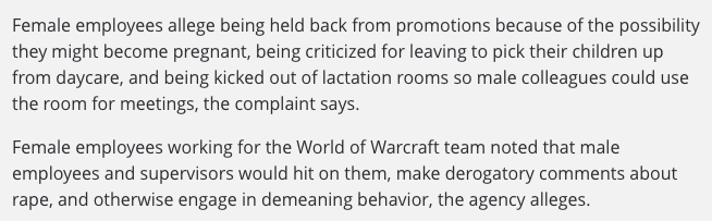 Overbuff's tweet photo. CW: Harassment, alcohol, &amp; suicide

"Activision Blizzard Sued By California Over ‘Frat Boy’ Culture"

Reports of "cube crawls," kicking women out of lactation rooms to hold meetings, and one woman committed suicide on a work trip after harassment.

https://t.co/UHWYnNjWso https://t.co/2WIyYaqiui