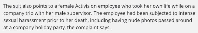 Overbuff's tweet photo. CW: Harassment, alcohol, &amp; suicide

"Activision Blizzard Sued By California Over ‘Frat Boy’ Culture"

Reports of "cube crawls," kicking women out of lactation rooms to hold meetings, and one woman committed suicide on a work trip after harassment.

https://t.co/UHWYnNjWso https://t.co/2WIyYaqiui