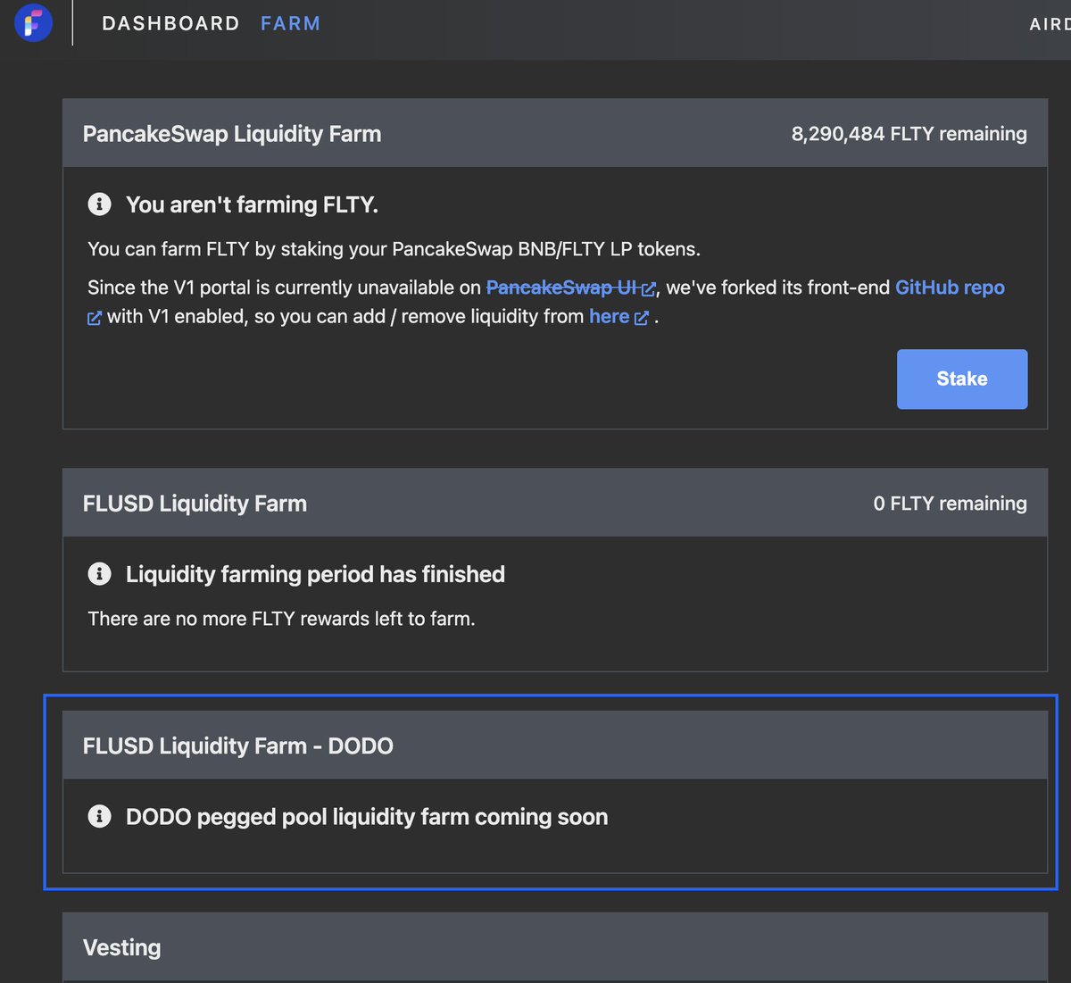 Coming soon on fluity.finance/#/farm $FLUSD Liquidity Farm DODO pegged pool liquidity farm 👀 More details and info on release soon. Follow us on Twitter/Telegram/Discord to stay up to date. t.me/fluity discord.gg/etvyP53Sdc #Fluity #BSC #LiquidityMining #DeFi