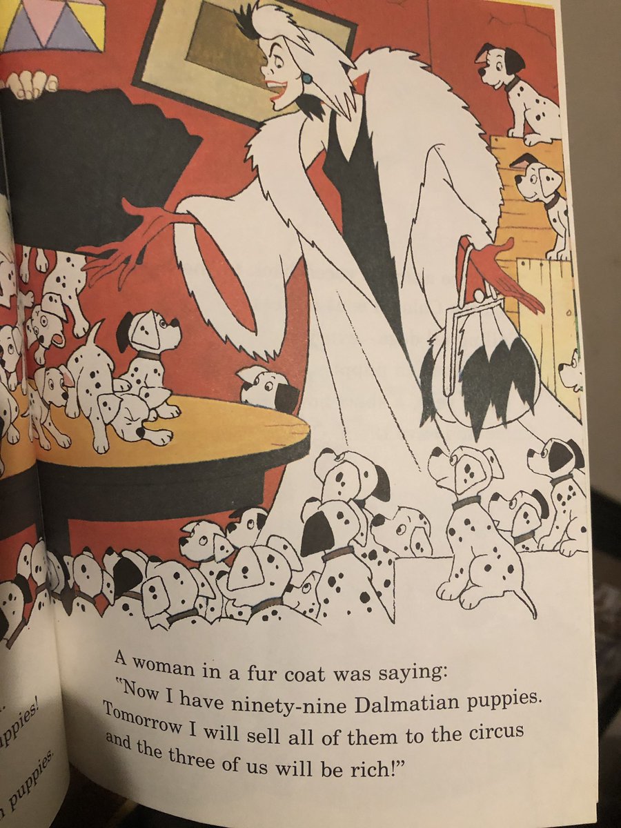notateamplayer2's tweet photo. Was reading this to my son and then this page. I watch 101 Dalmatians tons growing up. And I didn’t know you could have people from the circus make coats out of any “material” #themoreyouknow https://t.co/gwK9zUUo9T