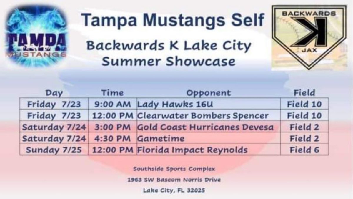 CloePless's tweet photo. Last tournament for our summer season this weekend in Lake City, FL! Starting Friday morning at 9 am. Come out and watch #TampaMustangsSelf in the #BackwardsKShowcase @rykerzc @dixson_erin @_TimWalton @CoachT_OhioSB @deanofsoftball5 @Tampaself @TJSmothers 💙♥️🥎 https://t.co/BLiVTm8r7L