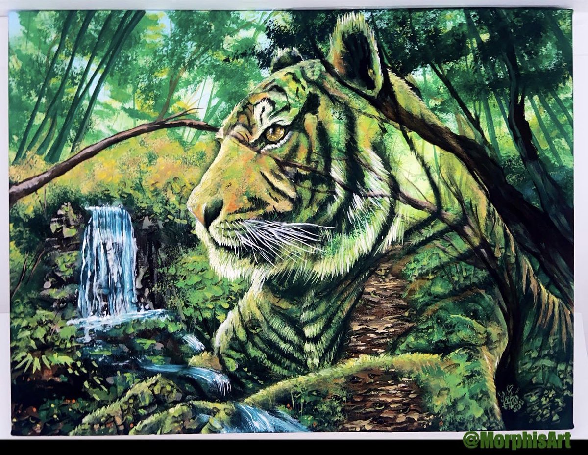 All of nature is connected from the animals, to the plants, to the people, and we are all affecting each other. The more aware of this we become, the more we can keep natures beauty￼ from fading away.
“Tiger Forest” 18” x 24” acrylic on canvas #tiger #nft