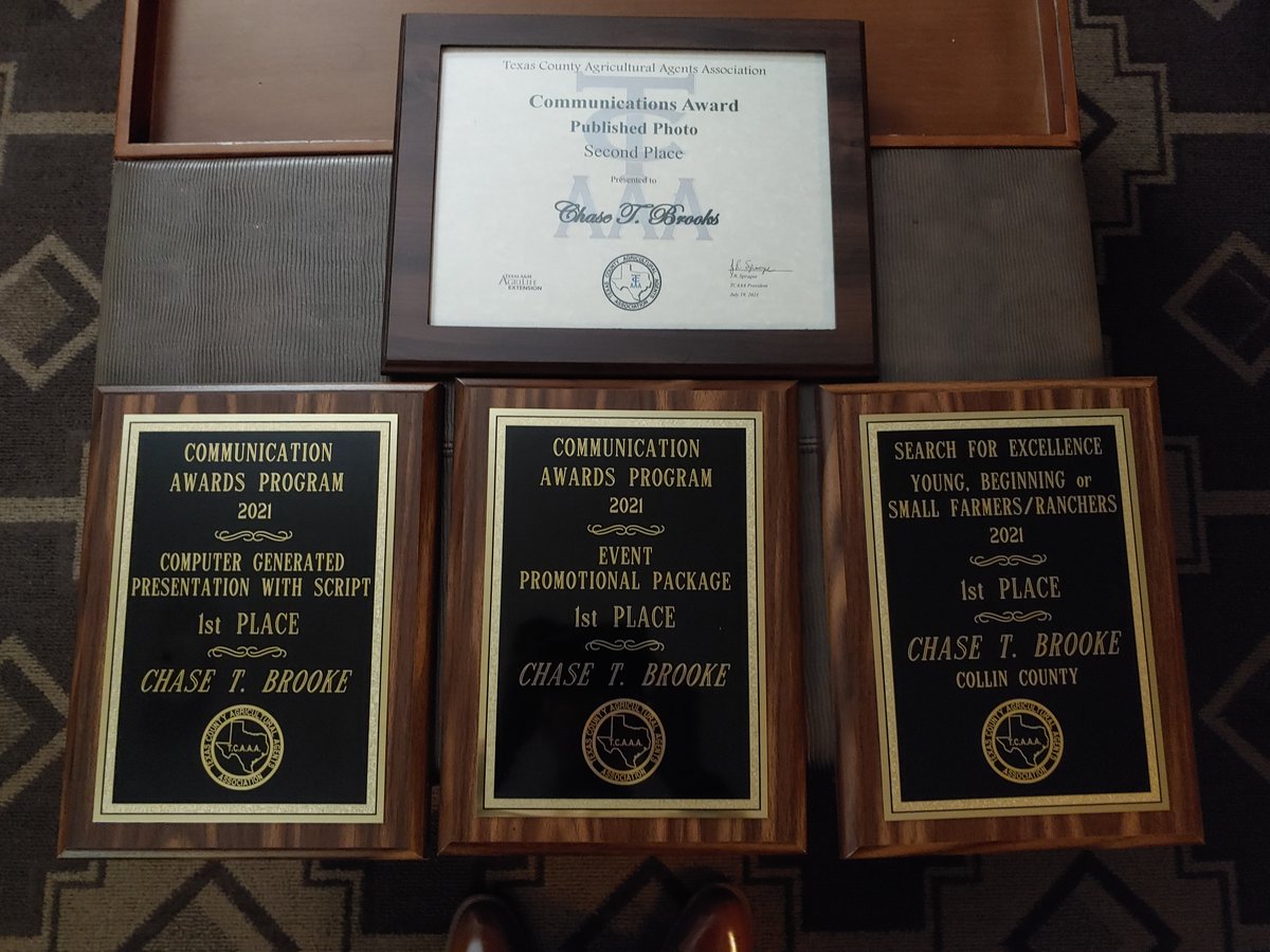 ChaseTBrooke1's tweet photo. Very excited and honored to receive 4 state and national awards for my #extension programming this year from #TCAAA and @agagents! Recognizing the effort #extensionagents put into their educational programs is a part of what keeps us working hard in our communities. @txextension https://t.co/qdcvpURJuk
