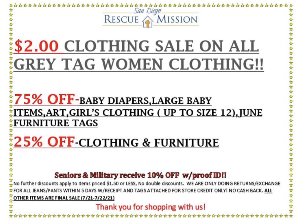 $2.00 dollar Grey women clothing sale!! #thrift #shopping #women #kidsclothing #SanDiego #rescuemission #supportnonprofits #military #seniors #discounts  7/21 &amp; 7/22 --- 3601 sports arena blvd. Sd ca