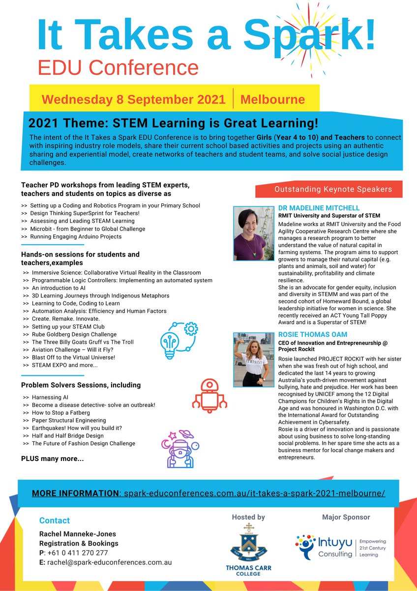 Reminder that we have moved the Melbourne It Takes a Spark STEM Conference to Wed Sept 8th and extended the early bird registration to Aug 11th. Check out the website for the program and to register! spark-educonferences.com.au/it-takes-a-spa…