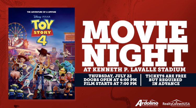 TOMORROW NIGHT • 'Toy Story 4' Movie Night at LaValle Stadium 🍿📽 Presented by Team Ardolino Realty Connect USA!

Doors open at 6:00 p.m. The film starts at 7:00 p.m. Tickets are free, but required in advance. Visit stonybrookathletics.com for more info!