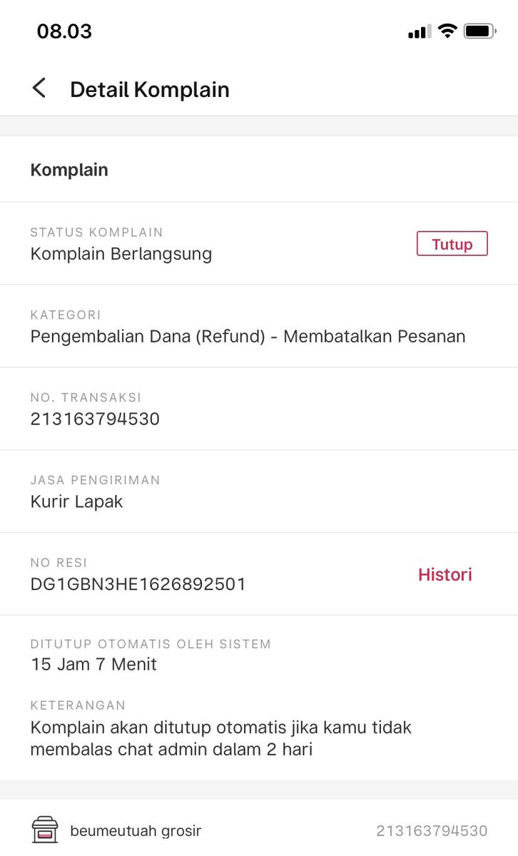 Nofariawan's tweet photo. @BukaBantuan gua ditipu nih, barang gak dikirim tapi status tiba. Udah klik komplain, admin gak respon tapi sisa batas waktu jalan terus. Sistem macam apa ini?!!! Seller: beumeutuah grosir https://t.co/6MyGvIrTAP