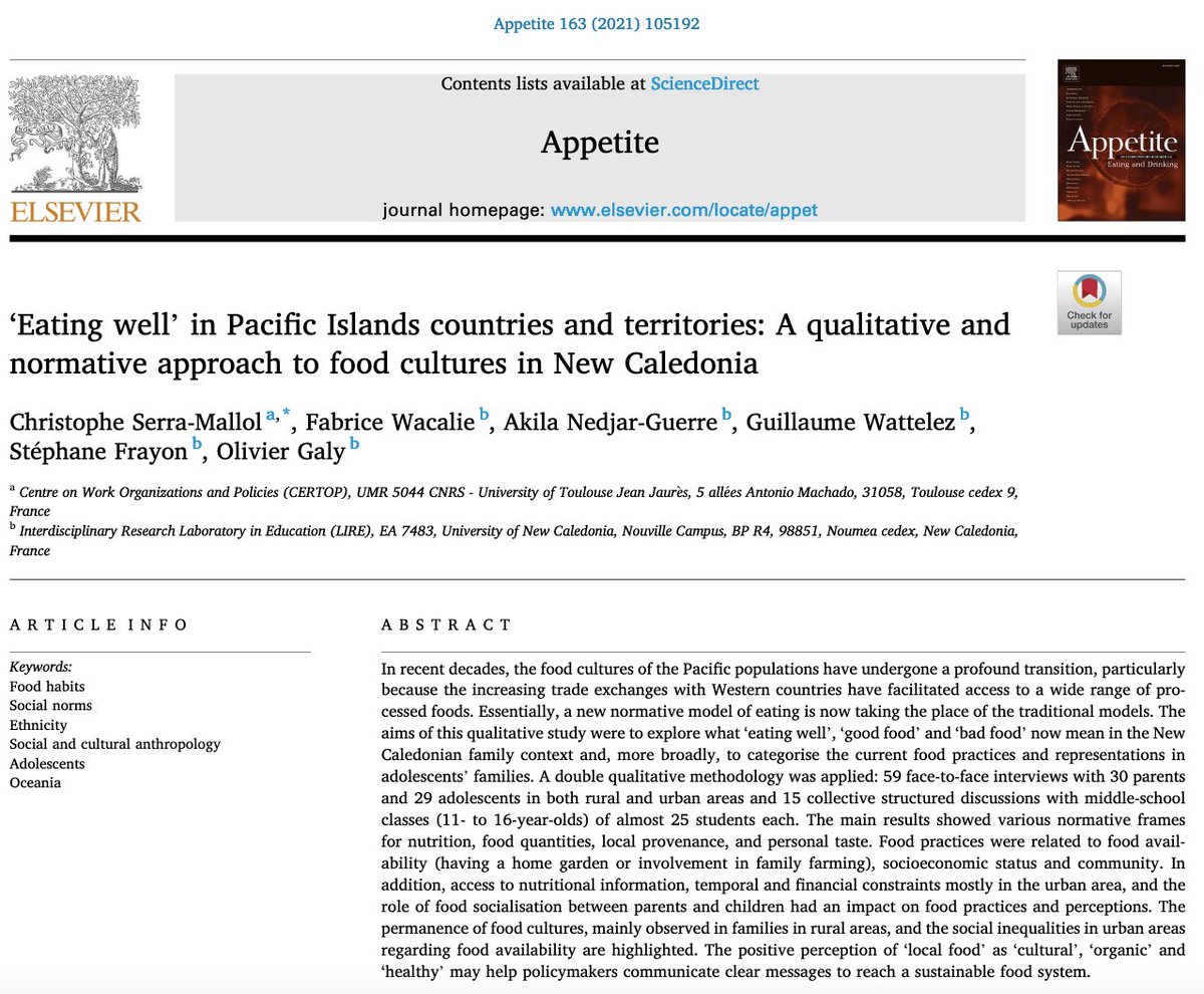 The #nutritiontransition & associated health concerns have hit the #SouthPacific quite hard. @OGalyNC & colleagues present interesting findings about #foodculture & perspectives on healthy & unhealthy food consumption in #NewCaledonia🇳🇨: 
docdro.id/tBMU4SH