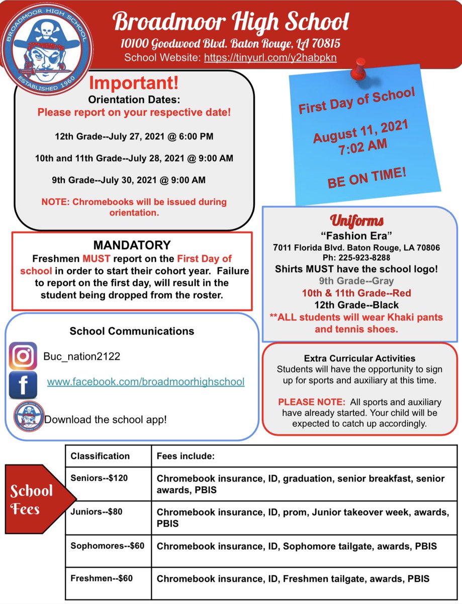 Hello, fellow Buccaneers! It is time for orientation where you can pay your registration fees and receive  other important school information!

We are ready to see you all!