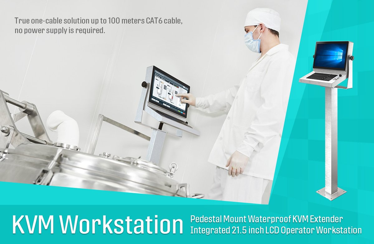 Pedestal Mount Waterproof KVM Extender Integrated 21.5 inch LCD Operator Workstation for pharmaceutical manufacturing application. True one-cable solution up to 100 meters CAT6 cable, no power supply is required. 

aristaipc.com/product_d.php?…