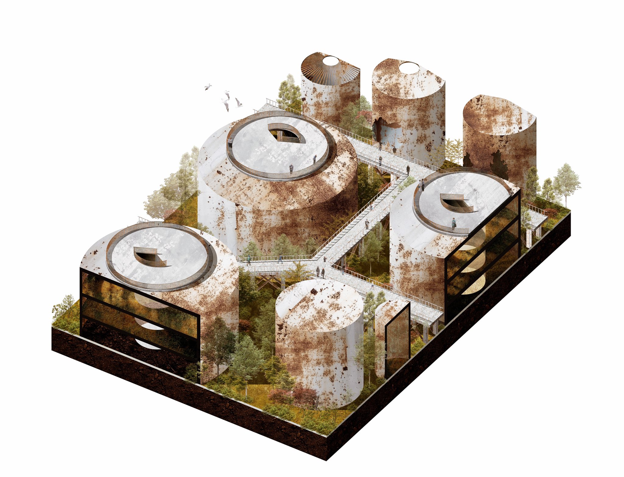 Kosaka Takuto またなかなかにお気に入りのコラージュ建築パースができてしまった ミニチュア模型みたいで可愛い それに加え格好良さも かなり愛着が湧きます かつての工場には緑が生い茂る環境が生まれ 自然公園という新たな形で人間と共存する