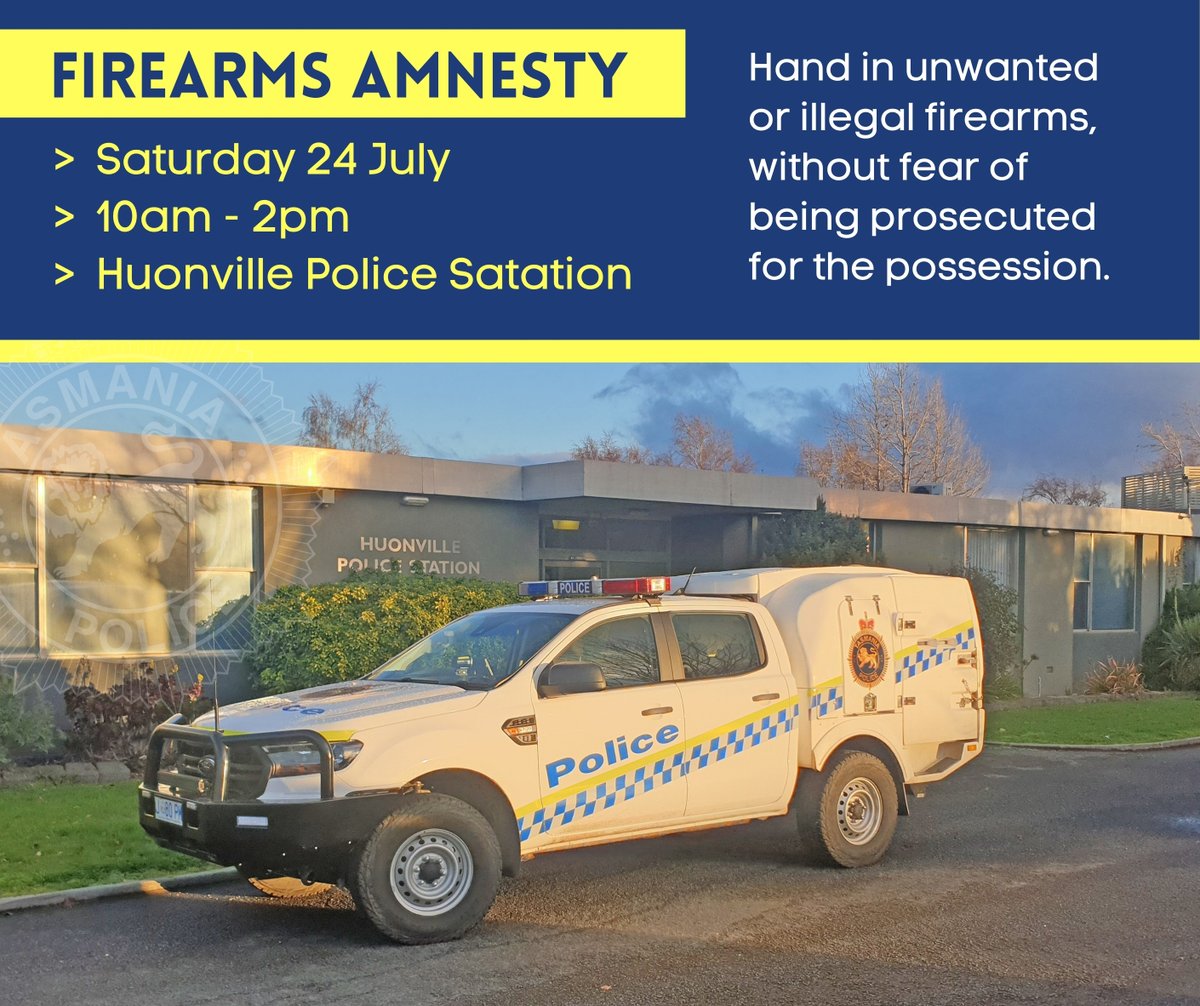 If you have an unwanted or illegal firearm, ammunition, or gel blaster in your possession, surrender it to police at a firearms amnesty at Huonville Police Station this Saturday. 

For further details read - bit.ly/2V3jYzZ