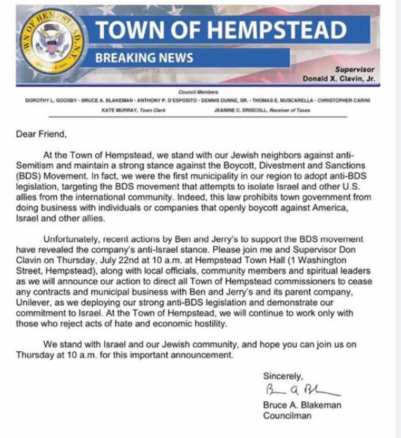 AnarchoZionist's tweet photo. #PrinciplesOverProfits   Extraordinary solidarity from the Town of Hempstead, which is cancelling all contracts and  municipal business with Ben and Jerry's https://t.co/2E0xFR6kMP
