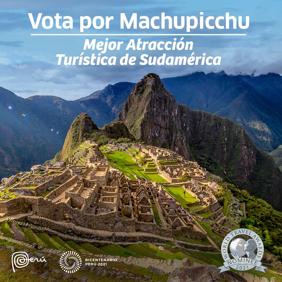 marcaPERU's tweet photo. VOTA AHORA → https://t.co/BlIJjIcvjm 🇵🇪 
¡Hagamos que nuestra amada #Machupicchu sea la Mejor Atracción Turística de Sudamérica en los @WTravelAwards 2021! Ingresa al enlace y demuestra el orgullo que sientes por nuestra MARAVILLA DEL MUNDO. #MarcaPerú #WTA2021 #OrgulloPeruano https://t.co/JcXMZEPcJ2