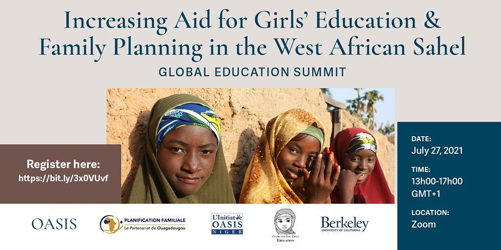 BixbyCenter's tweet photo. The best investments for peace &amp; development in the Sahel? Girls education &amp; family planning.

Learn more @OASISSahel @POuagaPF @OASIS_Niger @centre4girlsed @BixbyCenter #GES2021 side event

27 July 12pm Ouagadougou | 1pm Lagos | 8am NYC
Register https://t.co/I8VN5VWMPU https://t.co/JHvlOwqfbZ