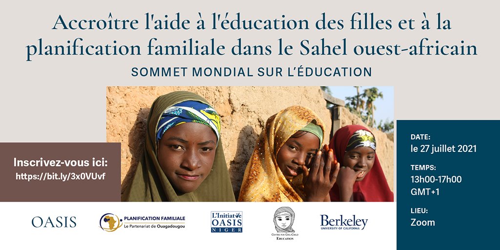 BixbyCenter's tweet photo. The best investments for peace &amp; development in the Sahel? Girls education &amp; family planning.

Learn more @OASISSahel @POuagaPF @OASIS_Niger @centre4girlsed @BixbyCenter #GES2021 side event

27 July 12pm Ouagadougou | 1pm Lagos | 8am NYC
Register https://t.co/I8VN5VWMPU https://t.co/JHvlOwqfbZ