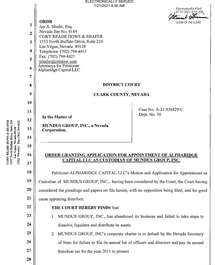 Court order granting <a href="/Alpharidge_Cap/">Alpharidge Capital, LLC</a> petition for custodianship of $MNDP.  Next, Co would be reinstated with NV SOS, TA would be approached for shareholders' list, and OTCIQ app. will follow.