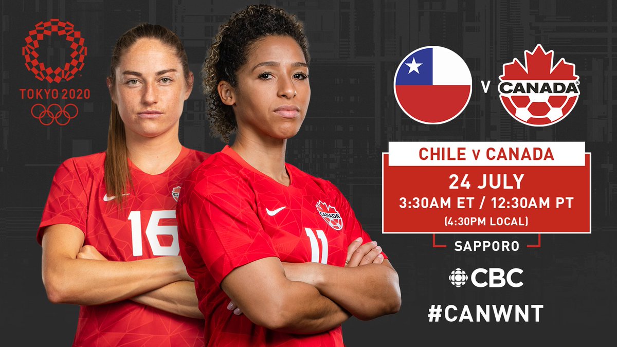 CanadaSoccerEN's tweet photo. Next. 🍁⚽️

📺: CBC
📍:  Sapporo, Japan
⏰: 3:30am ET / 12:30am PT
🆚 : Chile
#️⃣: 🇨🇦🇨🇱 #CANWNT #Tokyo2020 https://t.co/vArKjIiXyJ