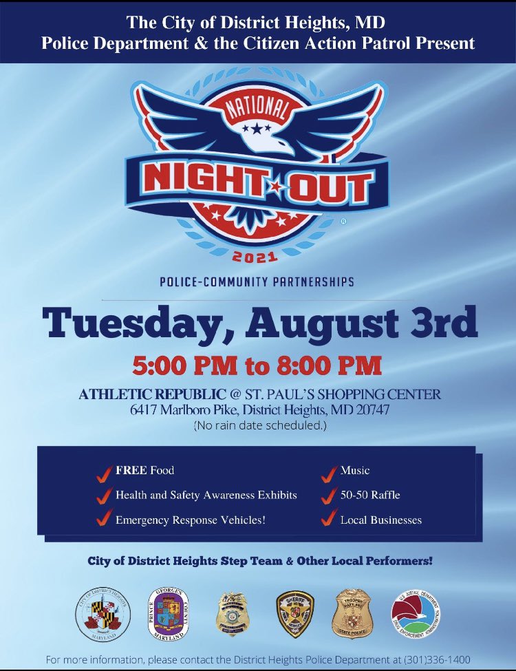 Let’s get ready to party!!! Come join <a href="/DistrictHeights/">District Heights PD</a> <a href="/PGSAONEWS/">Prince George's County State's Attorney's Office</a> <a href="/DEAWashingtonDC/">DEAWashington</a> <a href="/MDSP/">MD State Police</a> <a href="/PGSheriff_PIO/">The Office of the Sheriff- Prince George's Co. MD</a>  <a href="/PGPDNews/">PGPDNEWS</a> <a href="/PGFDNews/">Prince George’s County Fire/EMS Department</a> <a href="/FBIWFO/">FBI Washington Field</a> <a href="/ATFBaltimore/">ATF Baltimore</a> and lots more including you and ALL of our wonderful new community partners!! 

On August 3rd, 2021 from 5-8 pm #NationalNightOut