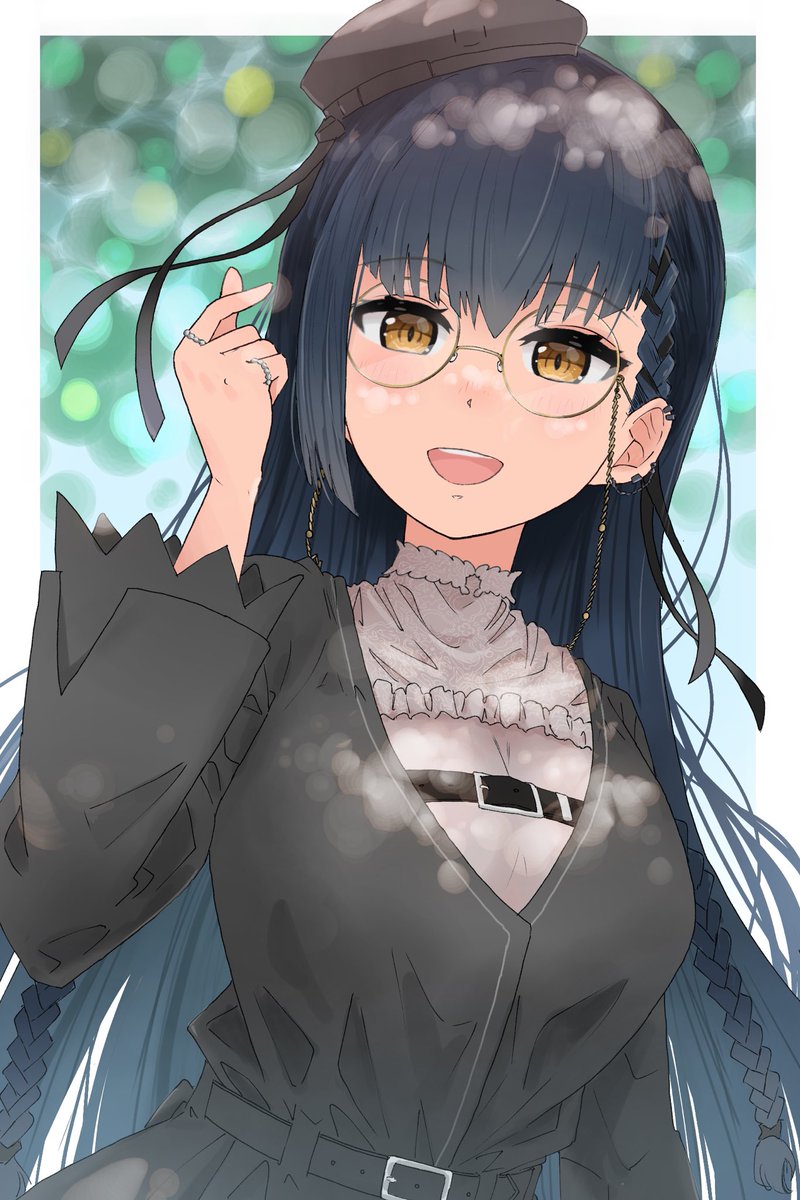 1girl solo long hair glasses hat braid black hair  illustration images