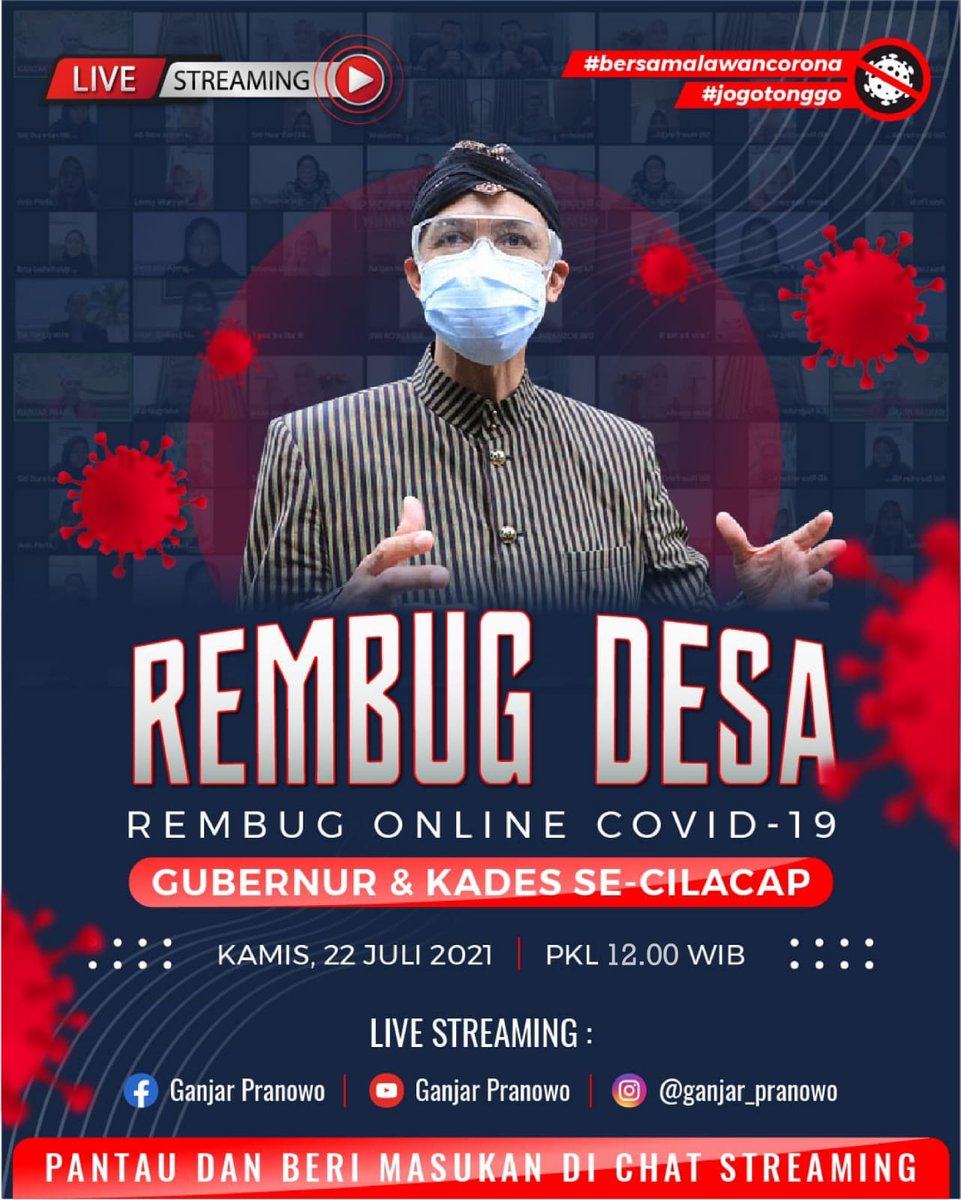 ganjarpranowo's tweet photo. Kita gas lagi. Untuk sedulur2ku warga Cilacap, siang nanti silakan bisa urun rembug dalam rapat saya dengan temen2 kepala desa panjenengan. Simak keputusannya agar kita bisa bergerak bersama mengusir Corona. #RembugDesa https://t.co/JLHNsPEi14