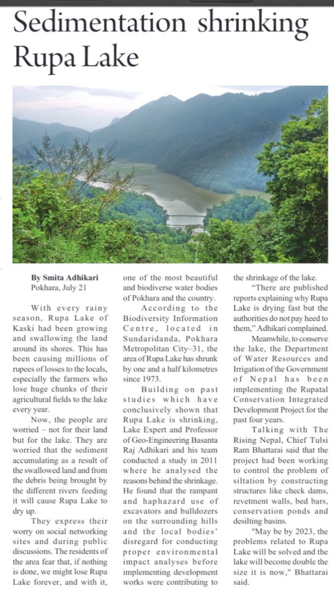 basanta58_raj's tweet photo. The high amount of sediment flows shrinking the Rupa Lake, Pokhara. The proper implementation of the watershed management concept would be the best option to protect this beautiful lake. https://t.co/AdVOWm1RIH