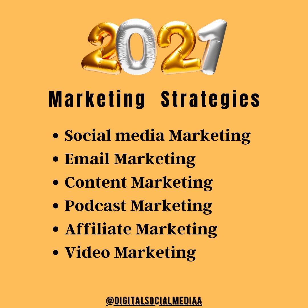 Techsquad03's tweet photo. Here are the Top Digital Marketing Strategies in 2021 💡

1- Social media marketing
2- Email marketing
3- Content marketing
4- Podcast marketing
5- Affiliate marketing
6- Video marketing
Press that follow button for more updates.⬇️
.
#digitalmarketing #digitalsocialmediaa https://t.co/R728n8Ftib