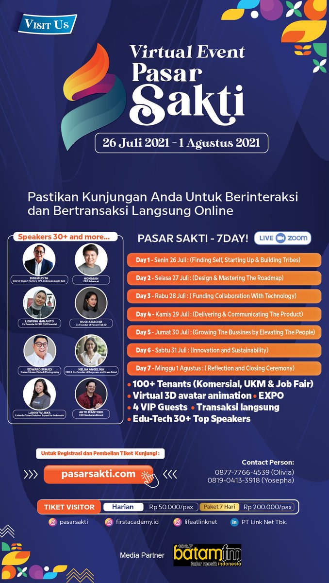 First Academy presented Pasar SAKTI,event virtual festival tanggal  26 Juli-1 Agustus 2021 Menghadirkan 30 top speaker,job fair dan virtual expo dengan lebih dari 100 tenant untuk berbelanja secara online.Daftarkan diri di website pasarsakti.com sekarang juga.#PasarSakti