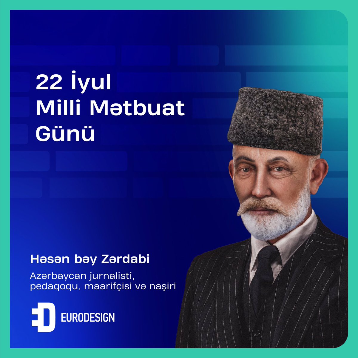 EurodesignC's tweet photo. Bu gün Azərbaycanda Milli Mətbuatın yaranmasından 146 il ötür. "Eurodesign" şirkəti olaraq bütün media nümayəndələrini təbrik edir, fəaliyyətlərində uğurlar diləyirik.

#Eurodesign #ED #22iyul #MilliMətbuatgünü https://t.co/B61H0IA78P