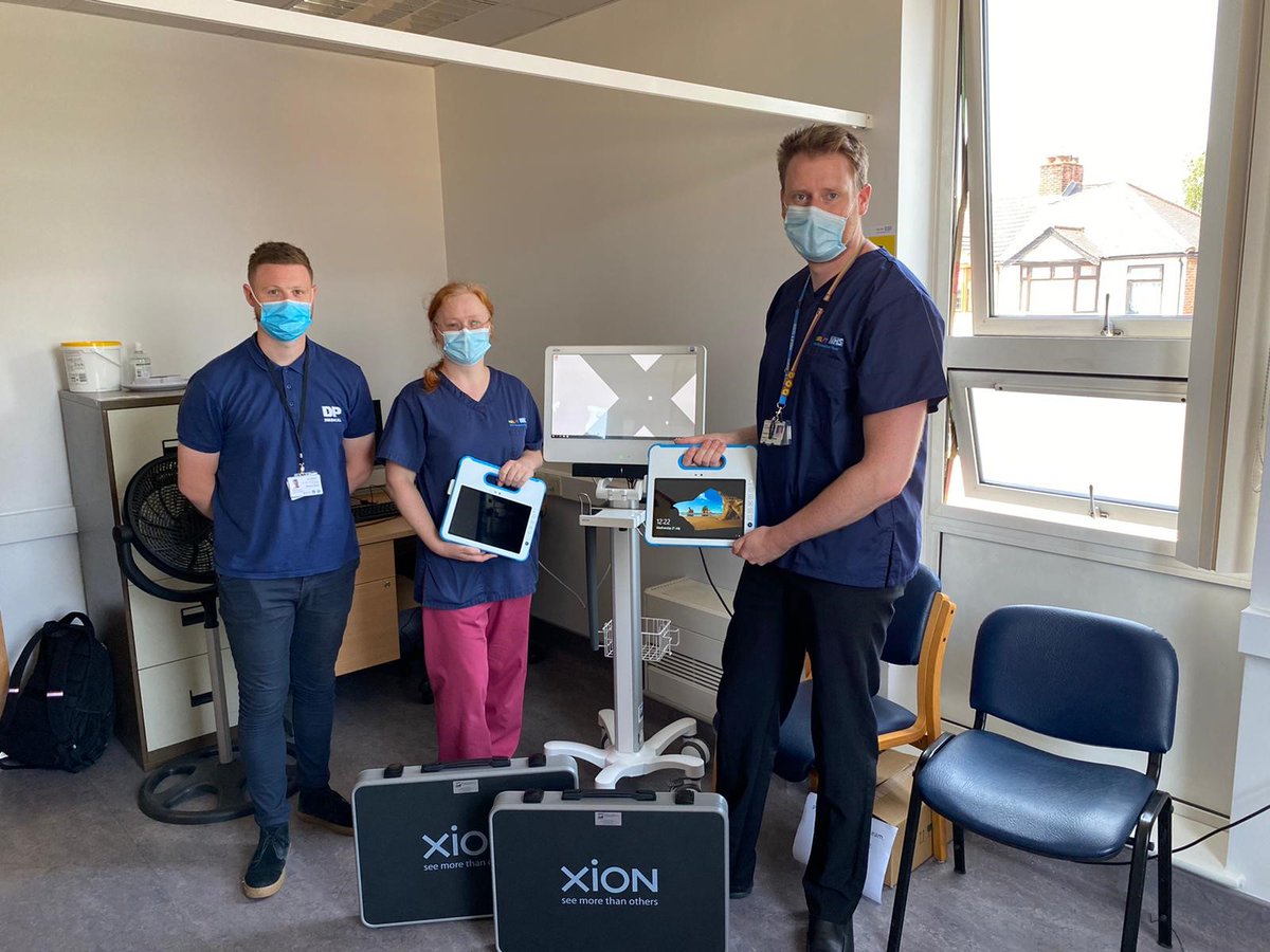DpMedical's tweet photo. Our South East Sales Manager, Tom O'Shea, visited South Hornchurch Health Centre yesterday to install two new #XIONMedical EndoPortables and an EndoFlex. Here he is, pictured with SLTs Mark Allinson and Rhiannon Haag. https://t.co/ByaSt9mfLV