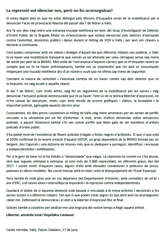 📃Carta d'en <a href="/CarlesHeredia/">Carles Heredia</a> prèvia a la seva detenció

Ens explica de 1a mà què significa aquesta detenció i ens esperona a seguir el combat❗️

I recorda, a la 1 ens veiem a la comissaria dels <a href="/mossos/">Mossos</a> ✊ de #Valls

Llegeix-la aquí ⤵️