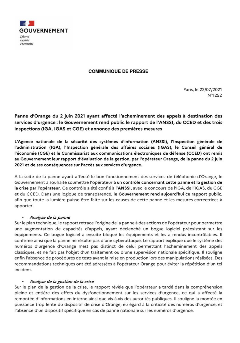 cedric_o's tweet photo. Présentation des conclusions de l’audit inter-inspections dirigé par l’@ANSSI_FR sur la panne des numéros d'#urgence qui met en lumière des insuffisances d'@orange.
Le @gouvernementFR en tire les enseignements et engage les actions nécessaires.
Le rapport➔https://t.co/lOF7eMvs1b https://t.co/gKIGltLJbw