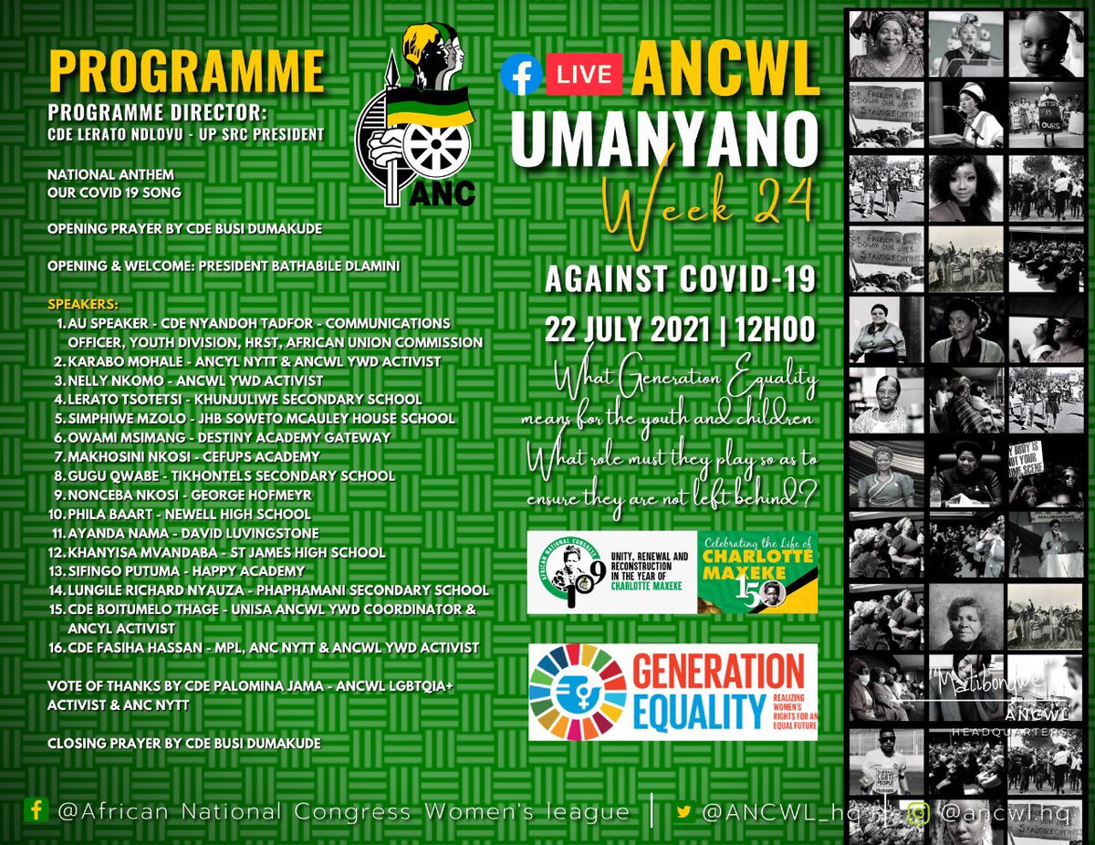 ANCWL_hq's tweet photo. The ANCWL Weekly Umanyano on Generation Equality is a civil society-centered, multi-stakeholder global gathering for gender equality.

Join us today, Live on Facebook, on the ANCWL page, at 12 Noon!

#GenerationEquality
#ANCWLUmanyano
#Umanyano
🖤💚💛 https://t.co/DAs29M1pge